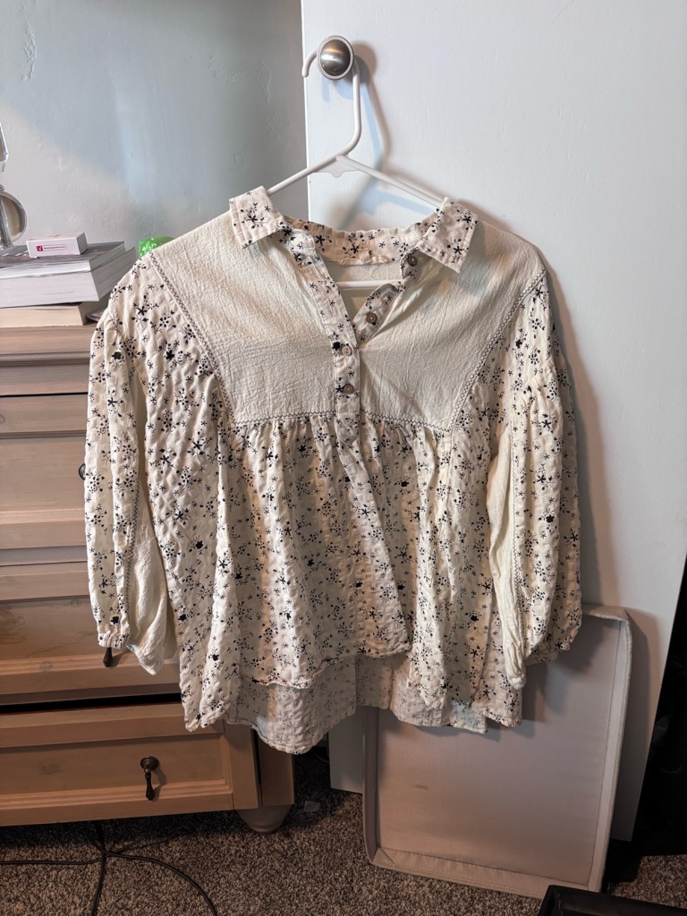 Light Cream Floral Button-Front Peasant Blouse